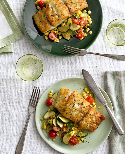 Seared Grouper with Corn, Zucchini, and Tomato Sauté