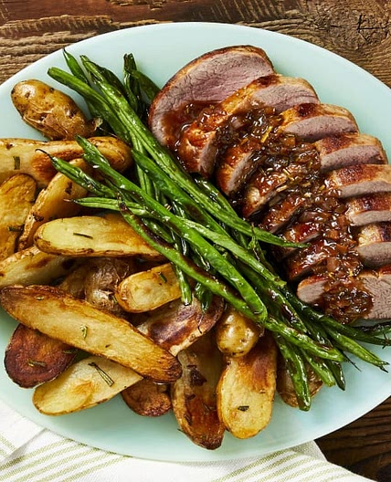 Figgy Balsamic Pork with Roasted Green Beans and Rosemary Potatoes