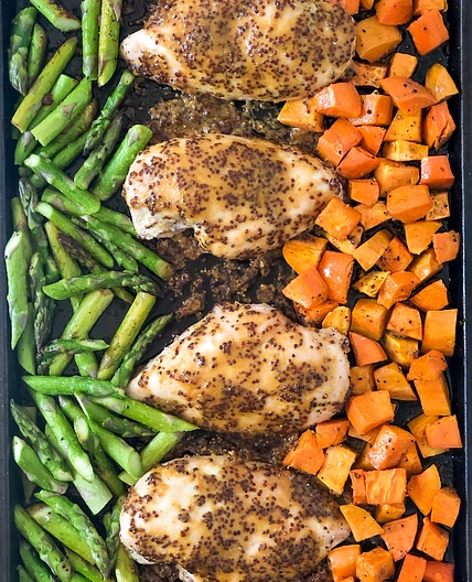 Sheet Pan Honey Mustard Chicken With Sweet Potatoes And Asparagus