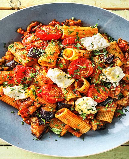 Bacon Rigatoni with Aubergine, Tomato & Feta