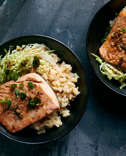 Roasted Salmon With Miso Rice and Ginger-Scallion Vinaigrette