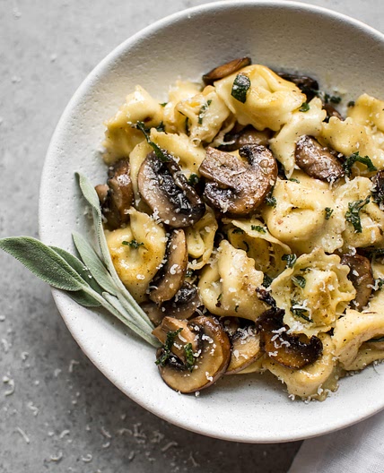 Cheese Tortellini with Butter, Mushrooms, and Crispy Sage