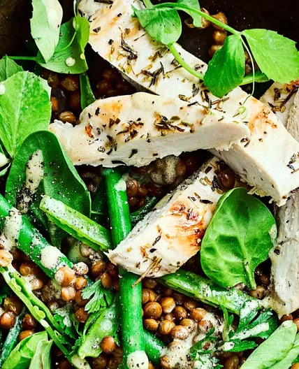 Griddled chicken with mustardy lentil salad