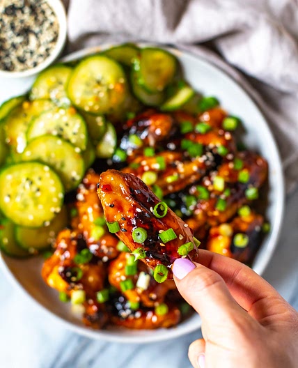 Korean Inspired Chicken Wings and Cucumber Salad