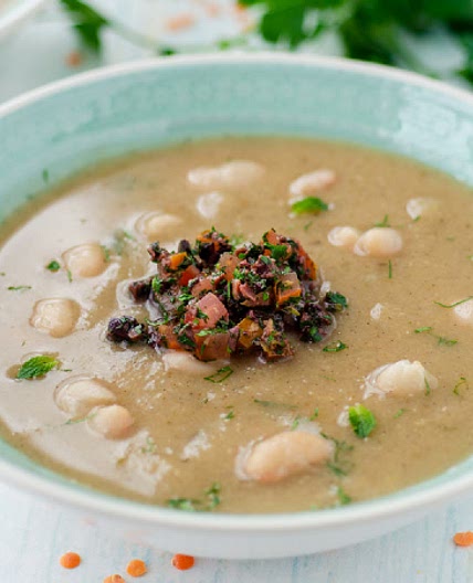 Greek Lentil and White Bean Soup with Olive and Tomato Gremolata