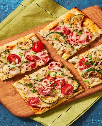 Roasted Garlic & Zucchini Flatbreads with White Sauce, Mozzarella & Grape Tomatoes