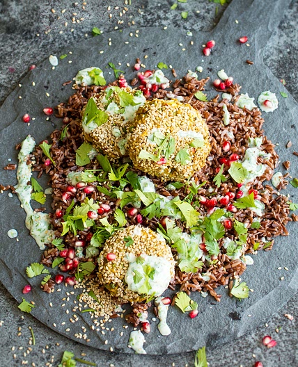 Spiced Chickpea Fritters with Wild Rice and Green Yoghurt Sauce