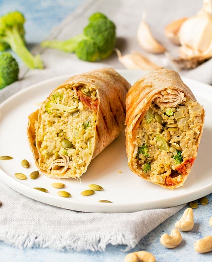 Cheesy Vegan Broccoli & Cashew Quinoa Burrito with Sun-dried Tomatoes