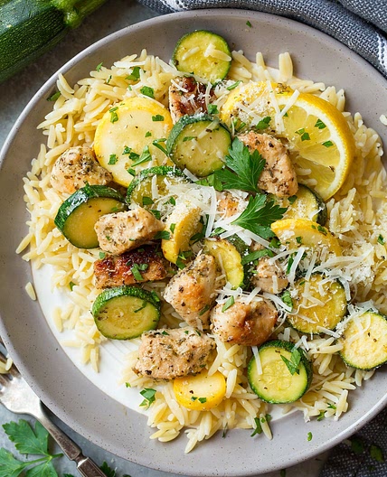 Skillet Lemon Parmesan Chicken with Zucchini and Squash
