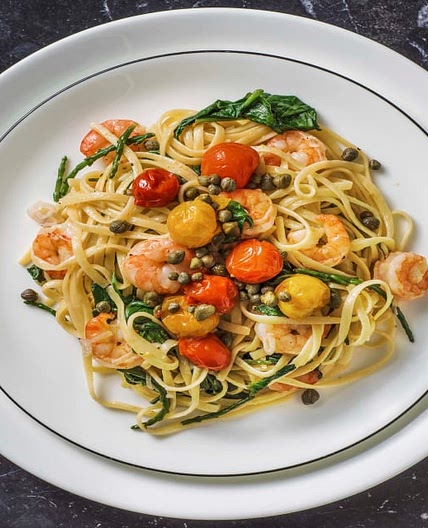 Creamy Lemony Prawn Linguine with Samphire, Roasted Tomatoes, Spinach and Capers