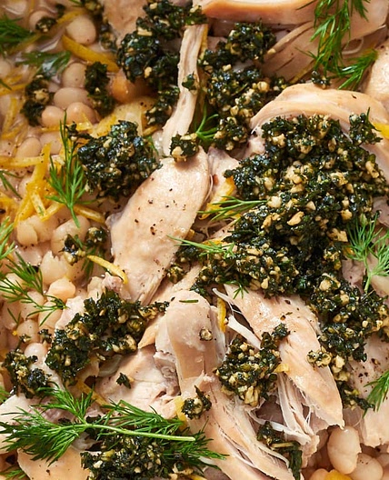 Lemon Braised Chicken & Beans with Mint Pesto