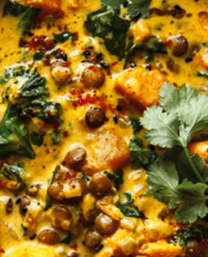 Ginger Sweet Potato and Coconut Milk Stew with Lentils & Kale