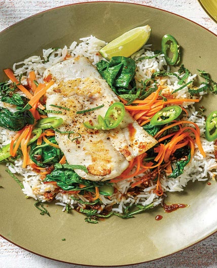 Vietnamese Lemongrass Fish with Garlic Rice, Stir-Fry Veggies & Mint