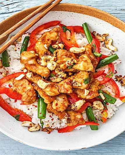 Orange and Cashew Chicken Stir-Fry with Bell Pepper and Jasmine Rice