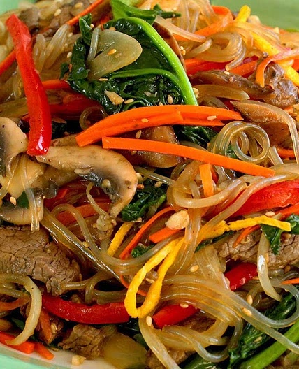 Japchae (Sweet potato starch noodles stir fried with vegetables)