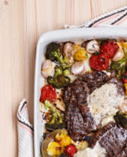Keto ribeye steak with oven-roasted vegetables