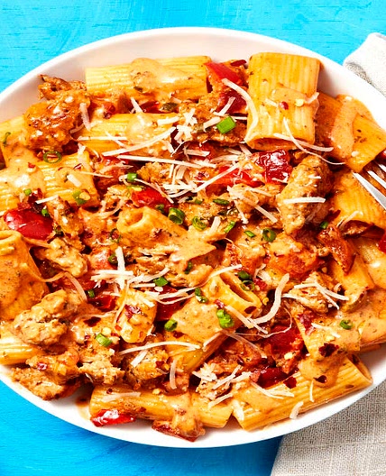 Chicken Sausage Rigatoni in a Creamy Pink Sauce with Bell Pepper & Parmesan