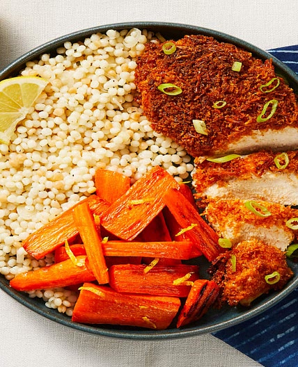 Crispy Parmesan Chicken with Garlic Herb Couscous & Lemony Roasted Carrots