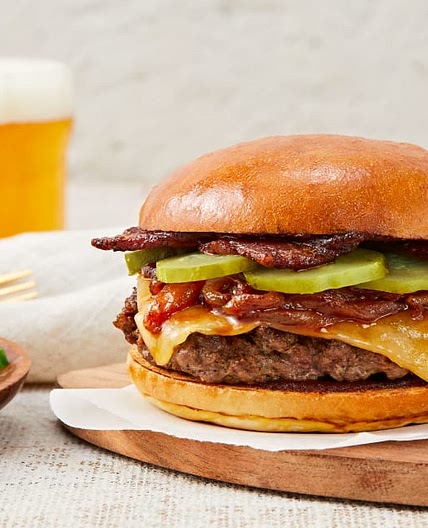 Bacon Buckaroo Burgers with BBQ Caramelized Onion & Cheesy Loaded Potato Rounds