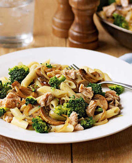 Salmon pasta with mushrooms and broccoli