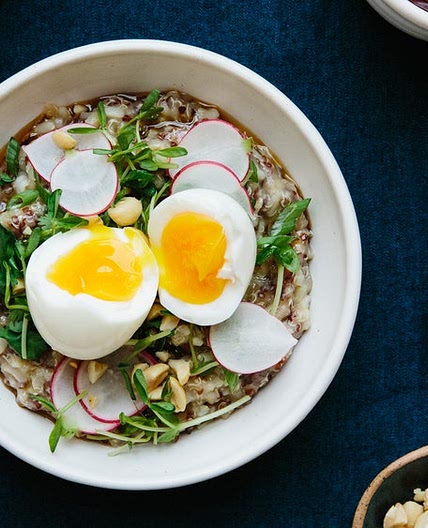 Breakfast Porridge with Soft Egg and Pea Shoots