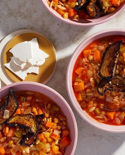 Lentil and Orzo Stew With Roasted Eggplant