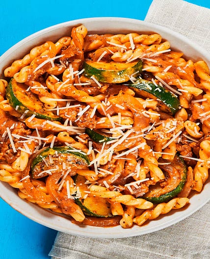 Chicken Sausage Gemelli Bolognese with Zucchini and Parmesan