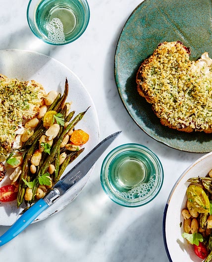 Herb-Crusted Cauliflower Steaks with Beans and Tomatoes