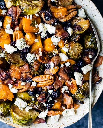 Spicy Maple Roasted Butternut Squash & Brussels Sprouts with Crispy Bacon