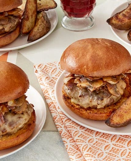 Mushroom & Swiss Cheeseburgers with Roasted Rosemary Potato Wedges