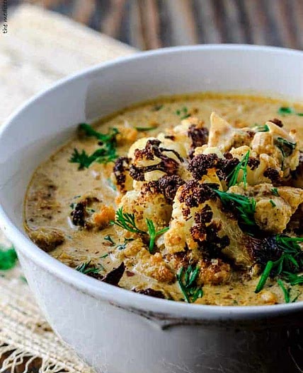 Cream of Roasted Cauliflower Soup with Paprika, Cumin and Fresh Dill