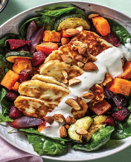 Haloumi & Spiced Roast Veggie Bowl with Garlic Yoghurt Dressing