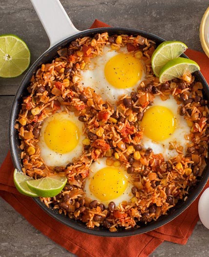 One Skillet Mexican Rice & Bean Baked Eggs