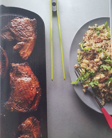 JERK PORK CHOPS WITH A PEAR AND PECAN PILAF AND AN ORANGE GINGER DRESSING
