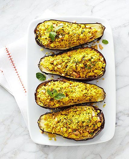 Bulgur and Cashew Stuffed Eggplant