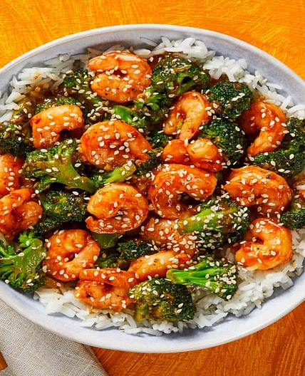 Spicy Shrimp & Broccoli Stir-Fry in a Sweet Chili Soy Glaze over Jasmine Rice