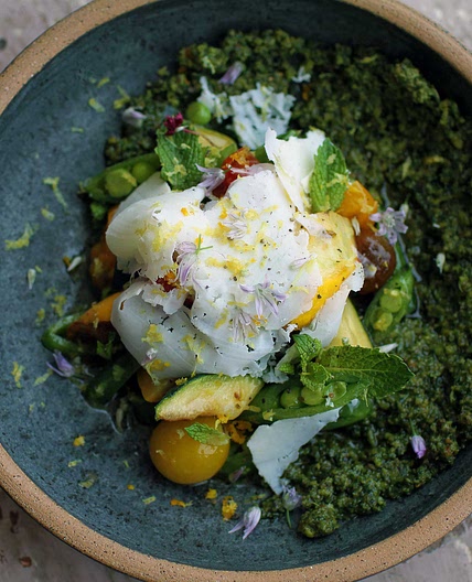 Roasted Tiny Tomatoes with Snap Peas, Seared Summer Squash and Basil-Arugula Pesto - Botanica