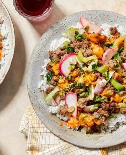 Sautéed Beef & Bok Choy Bowls with Marinated Radishes & Spicy Mayo