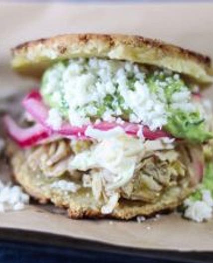 Arepas with Chile Verde Chicken & Guasacaca (Avocado Salsa)