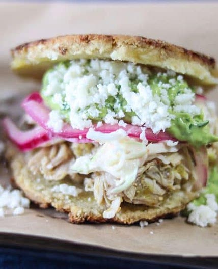Arepas with Chile Verde Chicken & Guasacaca (Avocado Salsa)
