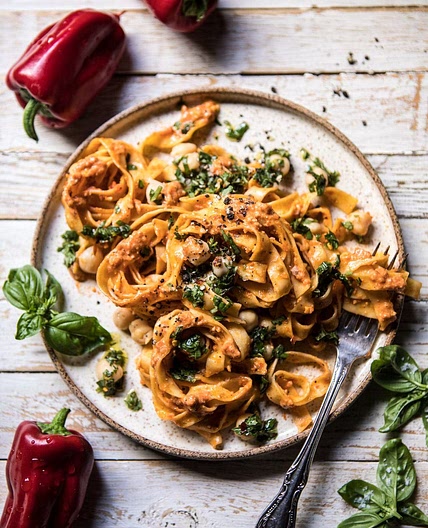 Roasted Red Pepper Pasta with White Beans and Basil