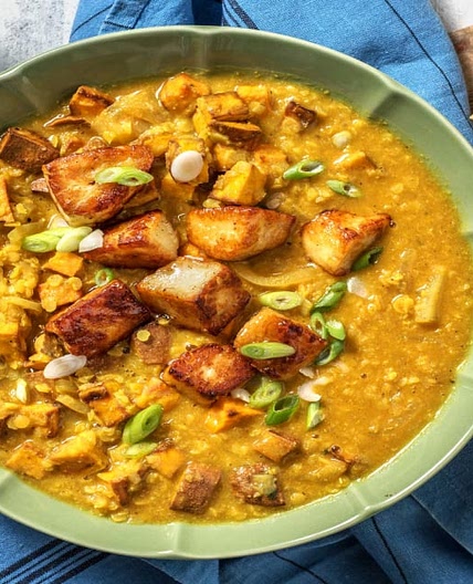 Mango Chutney Coated Halloumi Sweet Potato Dal with Naan Bread