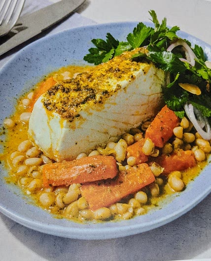 halibut with carrots, white beans, and chermoula