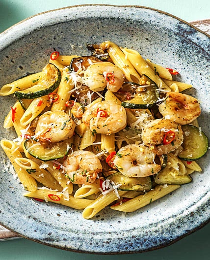 Shrimp Penne With a Kick with Garlic Herb Butter and Peppers
