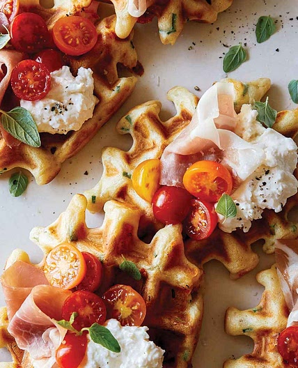 Savory Cheesy Herb Waffle Topped with Burrata, Tomato and Prosciutto