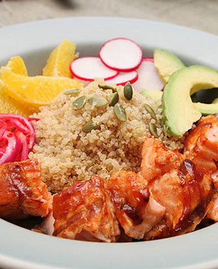 BBQ Salmon Salad with Quinoa and Pickled Onions