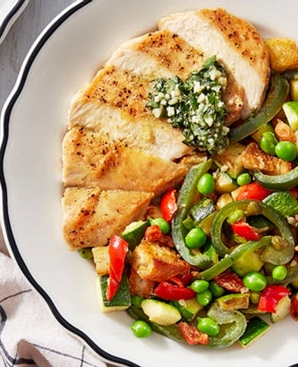 Basil Pesto Chicken with Summer Vegetable Panzanella