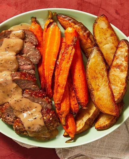Meatloaf à la Mom with Roasted Root Veggies & Thyme Gravy