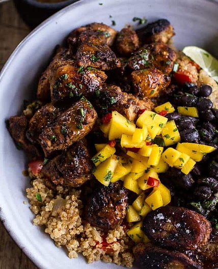Cuban Chicken and Black Bean Quinoa Bowls with Fried Chili Spiced Bananas + Spicy Mangos