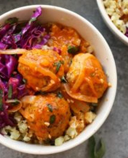 Red Coconut Curry Meatballs with Cauliflower Rice